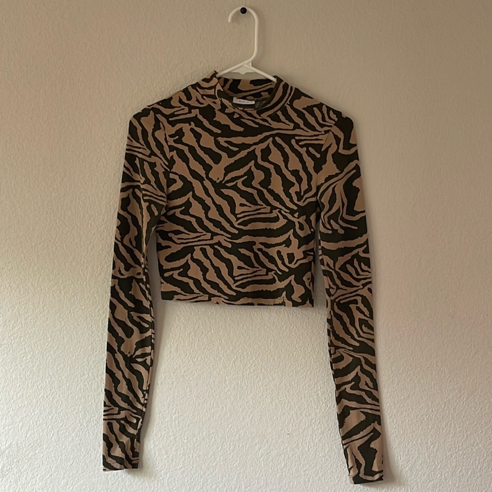 High Neck Long-Sleeve Cropped Fit Top in Zebra Print | XS